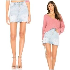 Free People Denim A-Line Mini Frayed Hem Distressed Skirk